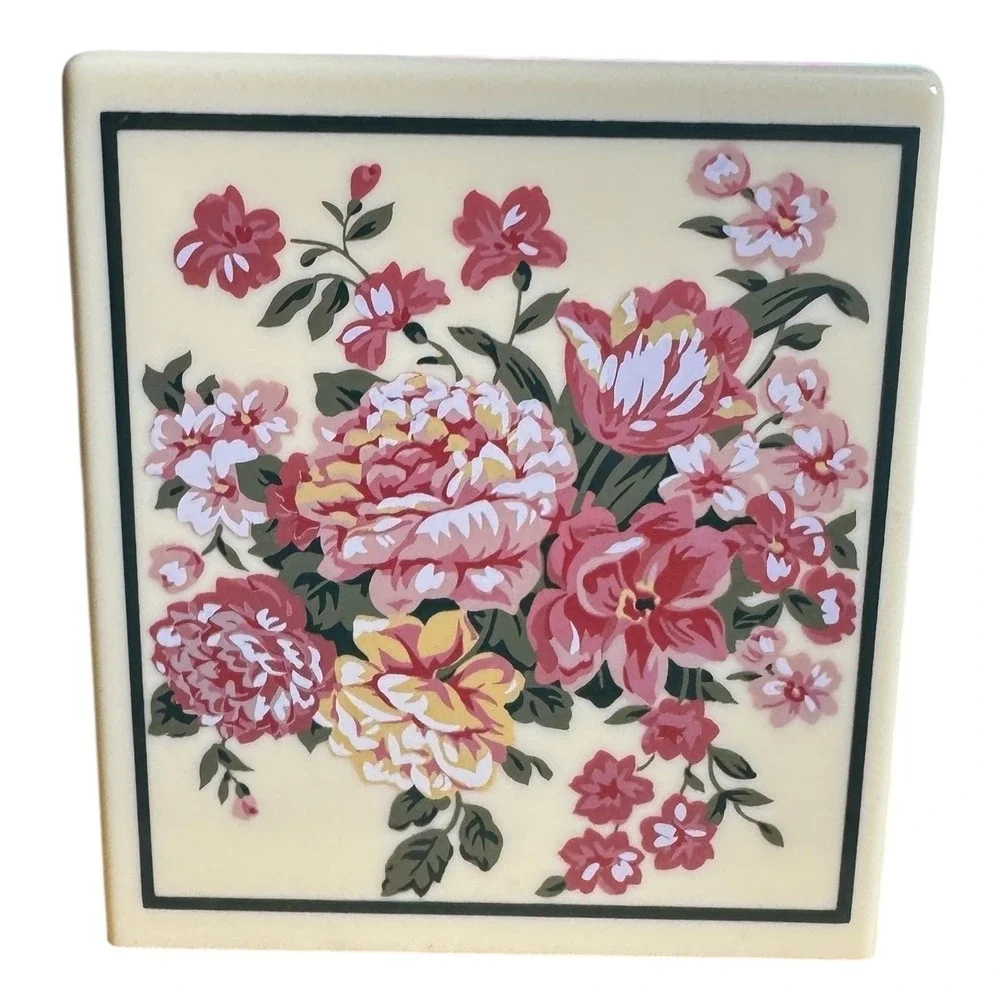 Vintage Floral PlasticTissue Box Cover Cream Pink Roses Chintz Shabby Chic